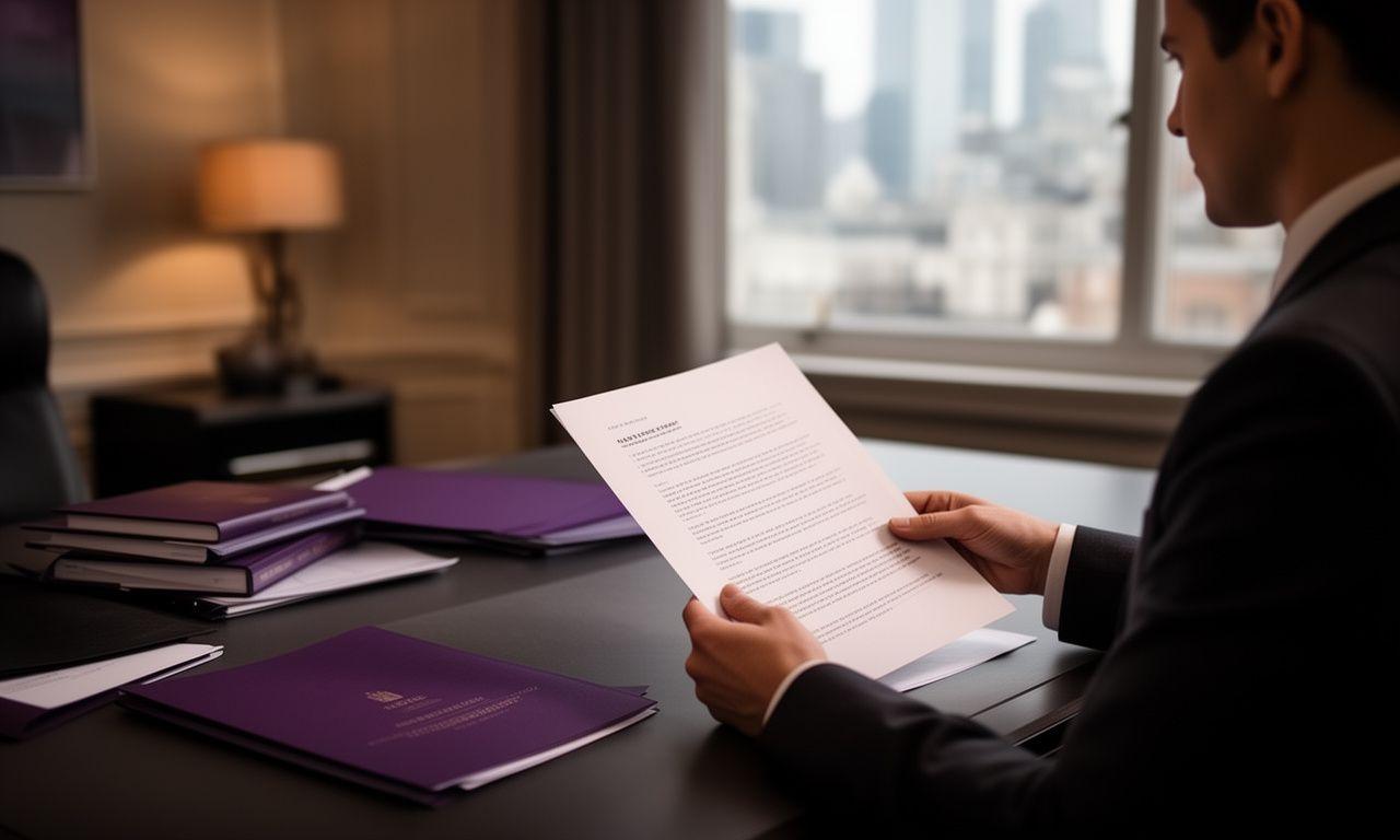 London legal consultant reviewing a contract in a calm office with warm light and city views