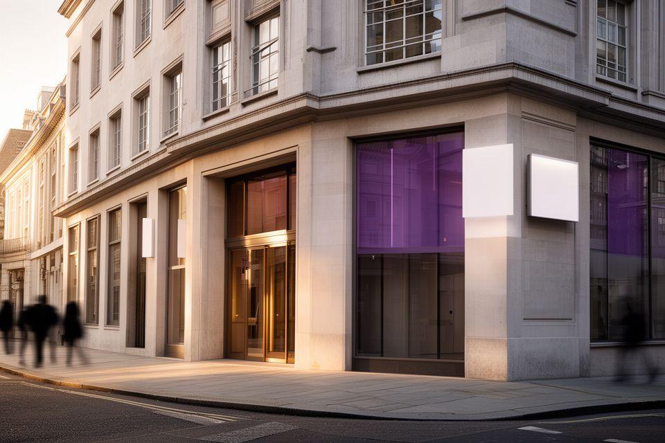 Elegant street-level office frontage on Berners Street with discreet signage and classic London stonework