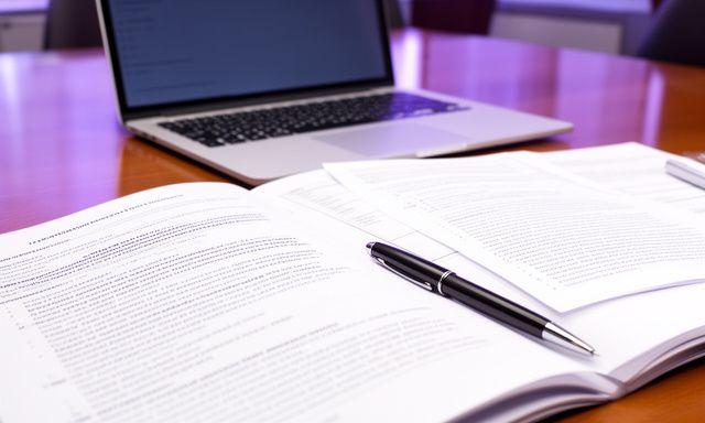 Open contract pages beside a laptop and pen on a polished meeting table