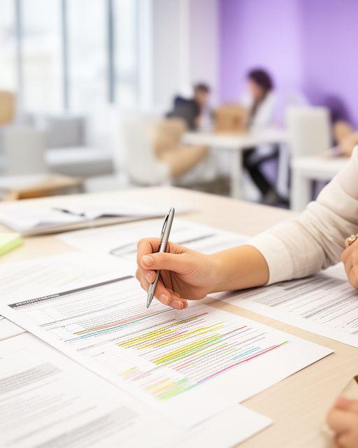 Associate solicitor marking up SME contract terms in a bright workspace with notes and a pen