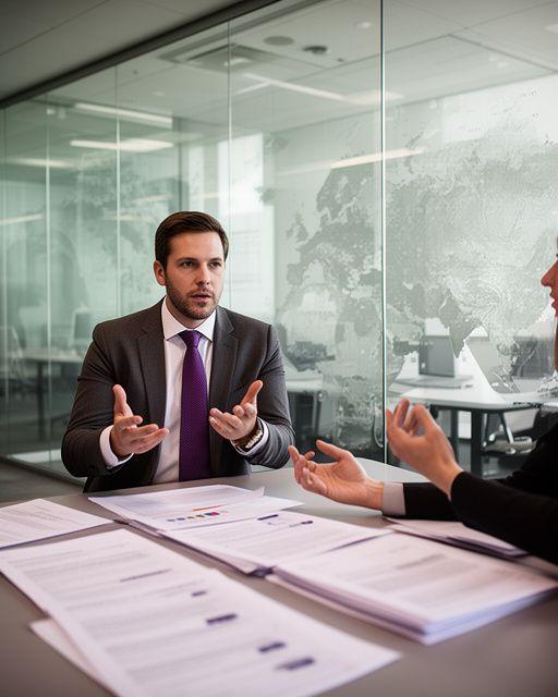 Commercial law partner discussing cross-border contract terms in a glass meeting room with printed documents