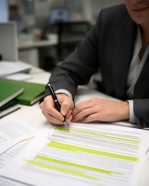 Compliance counsel reviewing regulatory risk notes with highlighted contract clauses at a desk