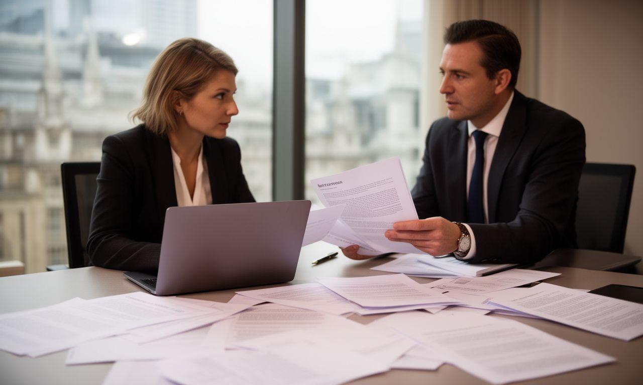 Solicitors discussing a contract draft beside a windowed London office with printed pages and a laptop