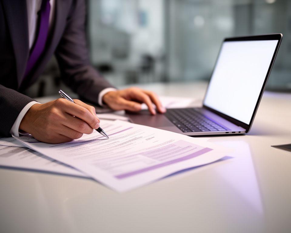 Two legal professionals marking up a contract beside a polished desk and laptop in a modern advisory room