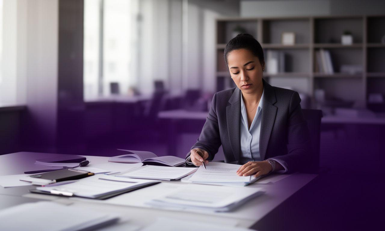 Legal strategist reviewing contract notes beside a desk in a calm London office