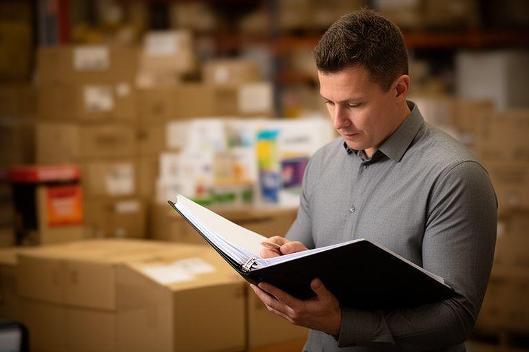 Retail operations manager checking supplier terms with merchandising boxes in the background