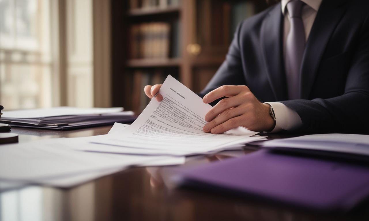 Legal adviser reviewing a contract dossier beside a polished office table in London